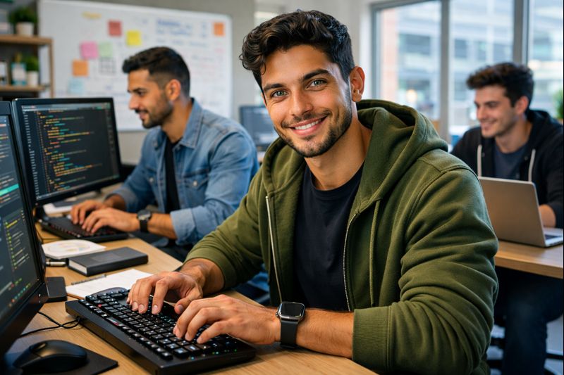 A modern office space with a team collaborating.